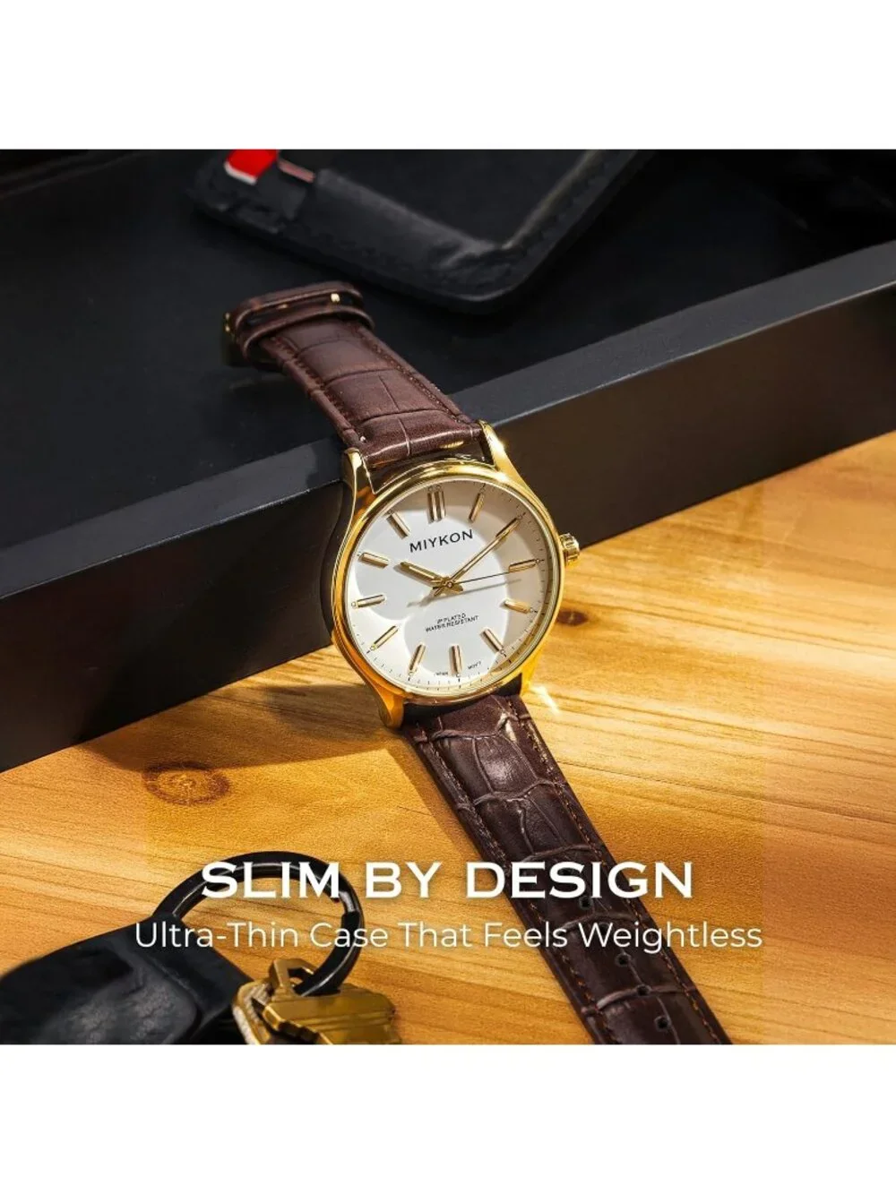 Men's Brown And White Analog Leather Strap Ultra-Thin Waterproof Classic Watch